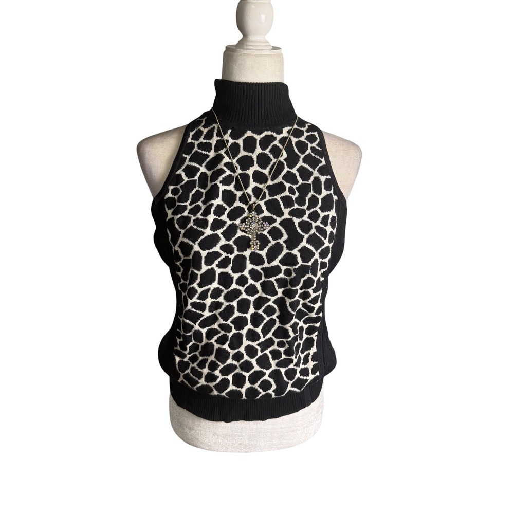 Cache Black White Animal Print Sleeveless Turtleneck Sweater Tank XL